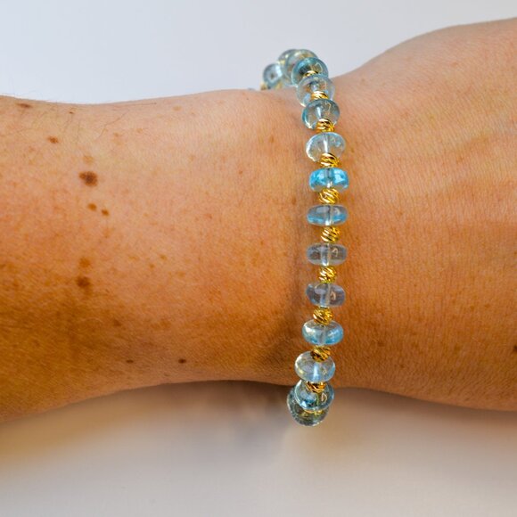 Aquamarine Bracelet  6.5" Gold Filled High Quality Rondelle Beaded Bracelet - Picture 2 of 8